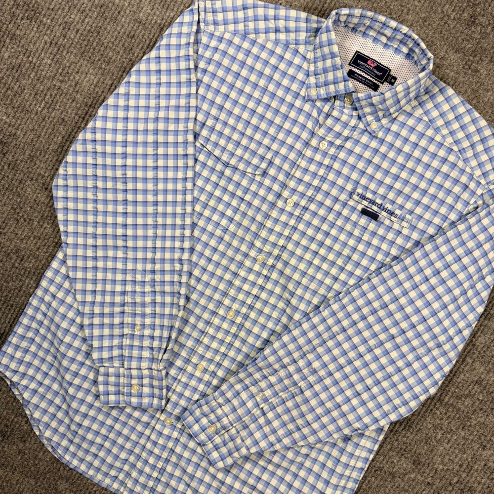 Vineyard Vines Performance Harbor Mens Medium Blue Gingham OTG Fishing Shirt